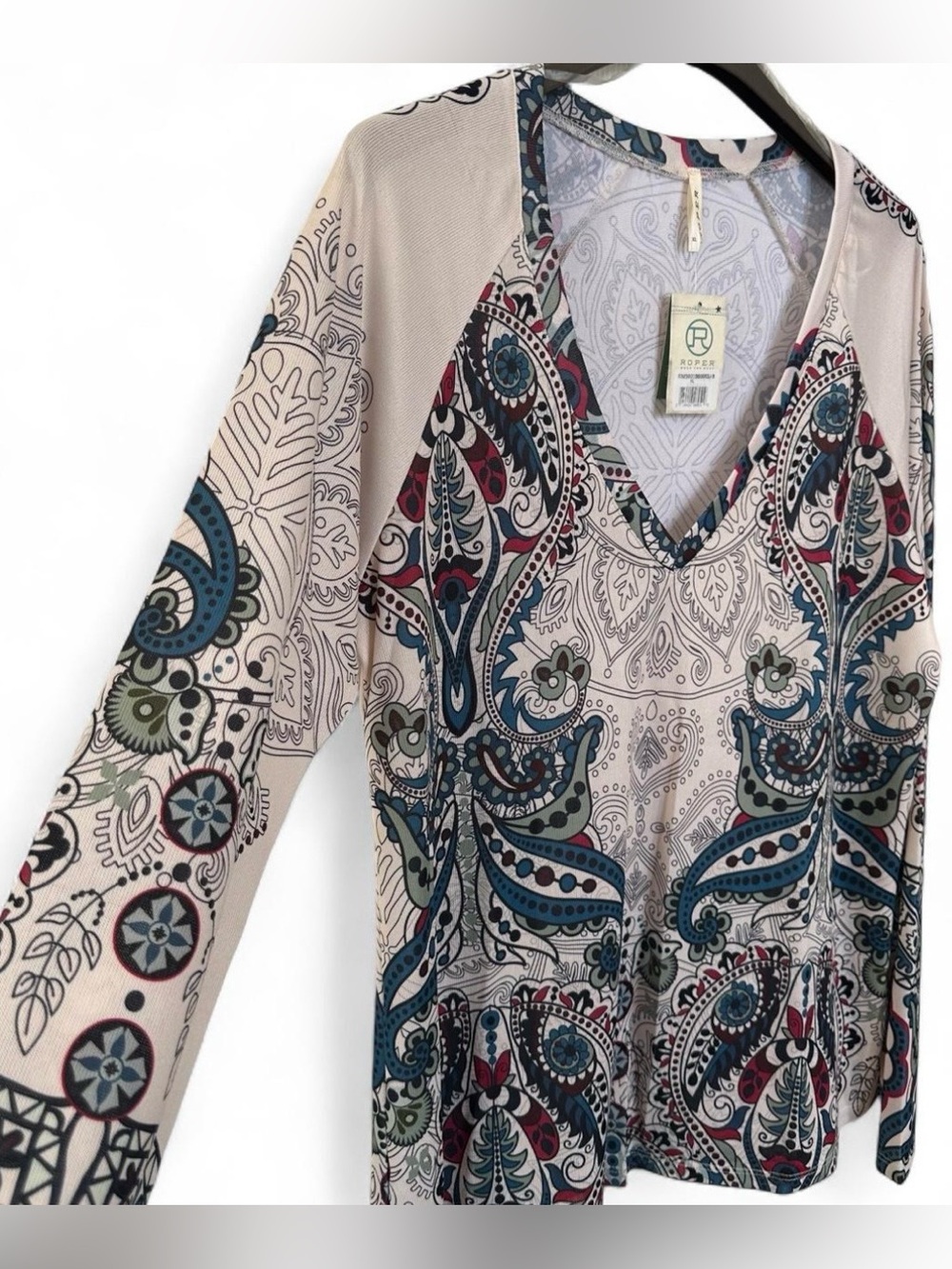 Roper Western V Neck Paisley Top Womens XL Pullover Mandala Boho Raglan Shirt